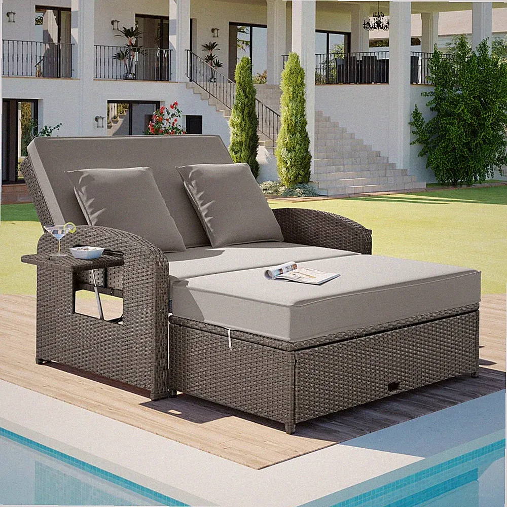 2-Person Double Chaise Lounge Daybed, Gray Outdoor Recliner with Cushions
