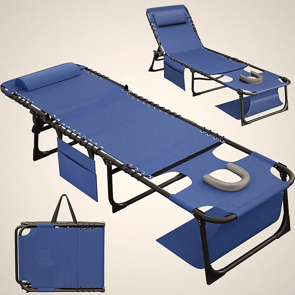Beach Lounge Chair, Outdoor Sun Tanning Chair with Face Hole, Heavy Duty Fold...