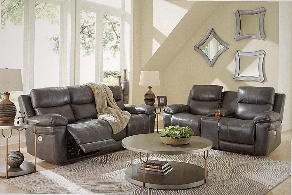 GENUINE Top-Grain Leather 2PC Power Recliner Adj Headrest Sofa Set Charcoal Gray