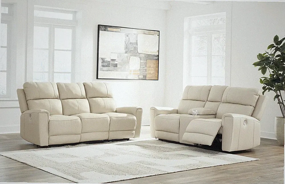 GENUINE Top-Grain Leather Power Recliner 2PC Sofa Living Room Set Beige Cream