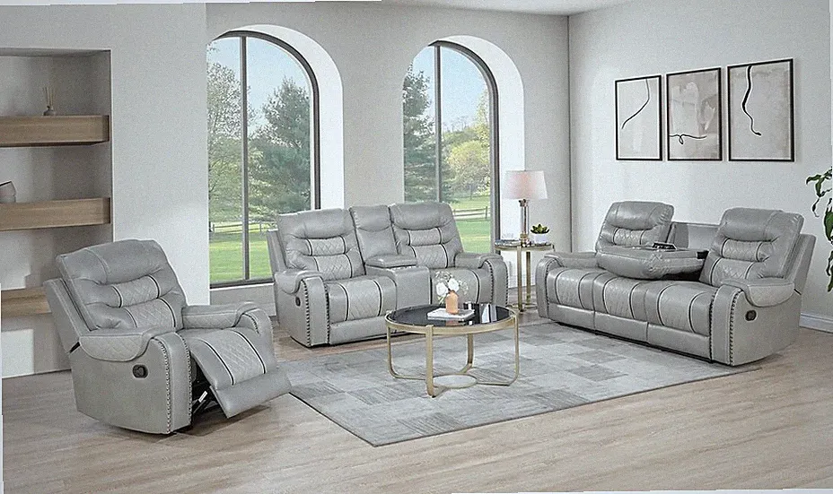 LUXURY Two-Tone 3PC Gray Sofa Loveseat Chair Leather Living 5-Recliner Set
