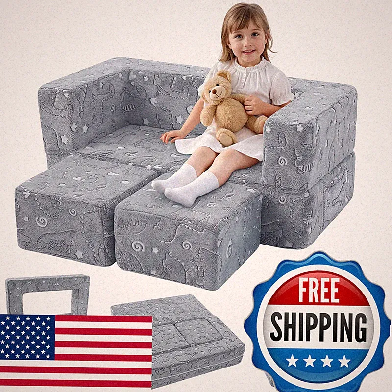 Memorecool Dinosaur Glow Foam Kids Play Couch Set Gray Modular Sofa Lounger