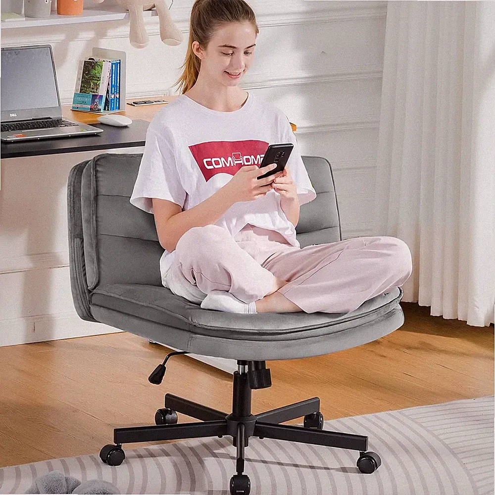 Modern Armless Cross Legged Office Chair with Wheels - Gray Velvet Comfort