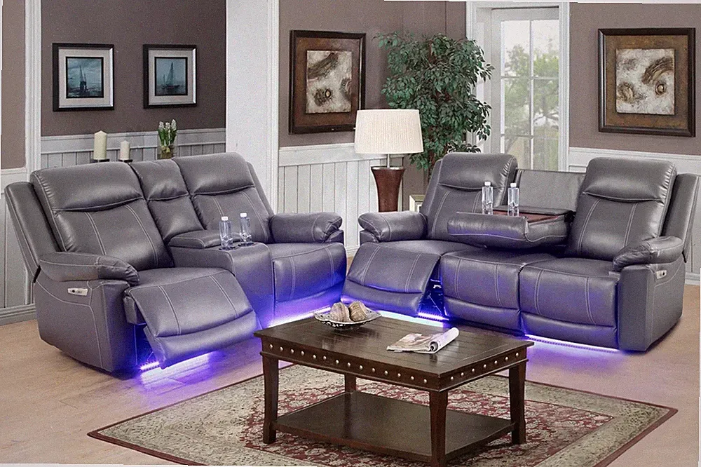 NEW 2PC Power 4-Seater Recline Gray Leather Sofa Loveseat Living Room Set w/ LED