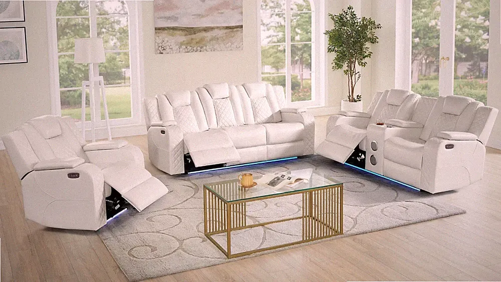 NEW 3PC LED Power Recliner Sofa Loveseat Chair Set w/ BT Speaker White Leather