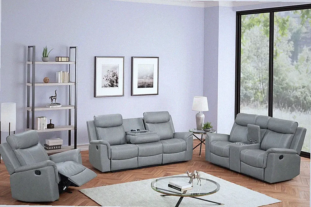 NEW 3PC Sofa Loveseat Chair Fabric Recliner Modern Rustic Gray Living Room Set