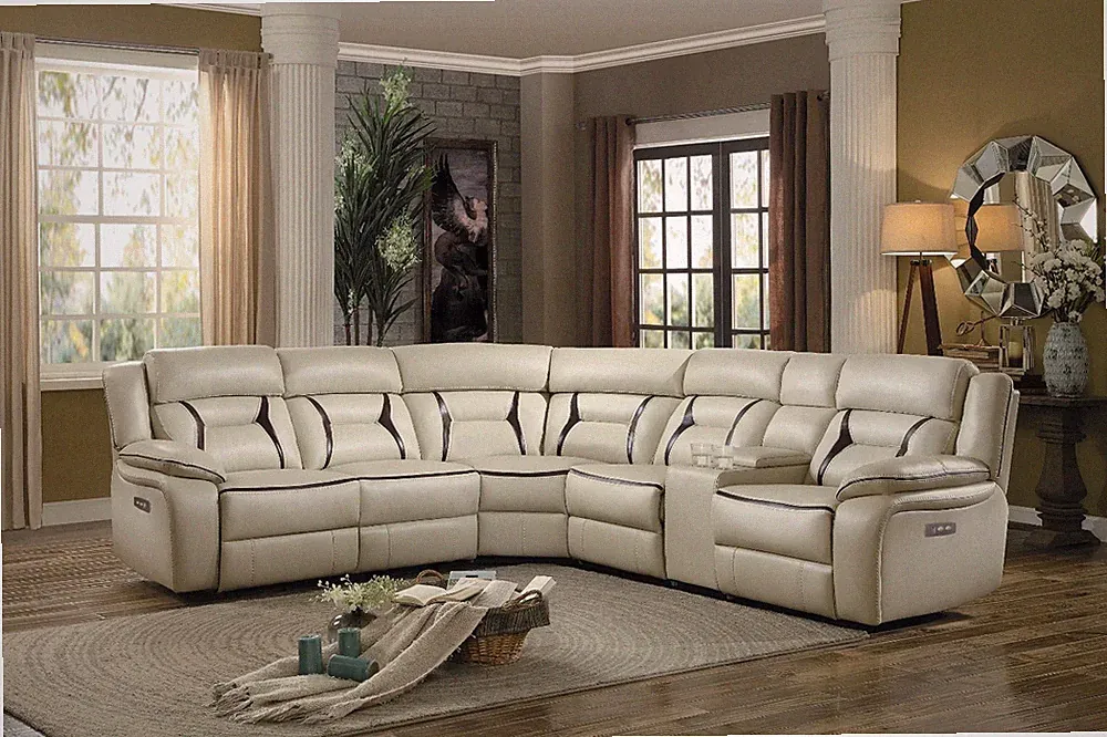 NEW Beige Leather Gel Power Reclining Sectional Cupholders/Console Storage/USB