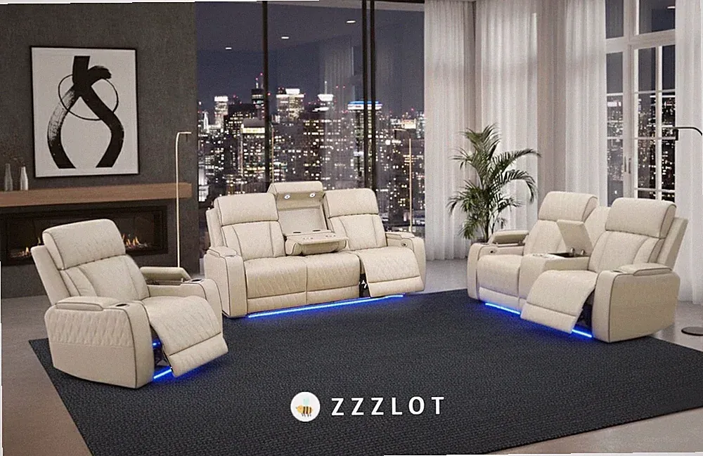 NEW LED 3PC Power Recliner Set Beige Cream Living Room Set w/ Wireless Charge