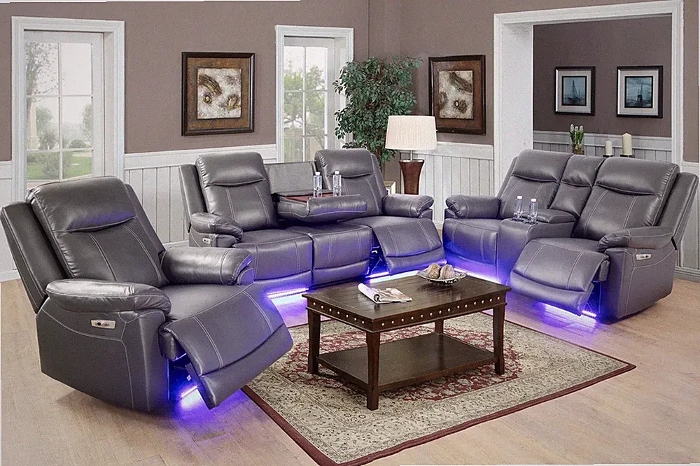 NEW Power Recliner Gray 3PC Sofa Loveseat Chair Leather Set w/ LED & 4 Cupholder
