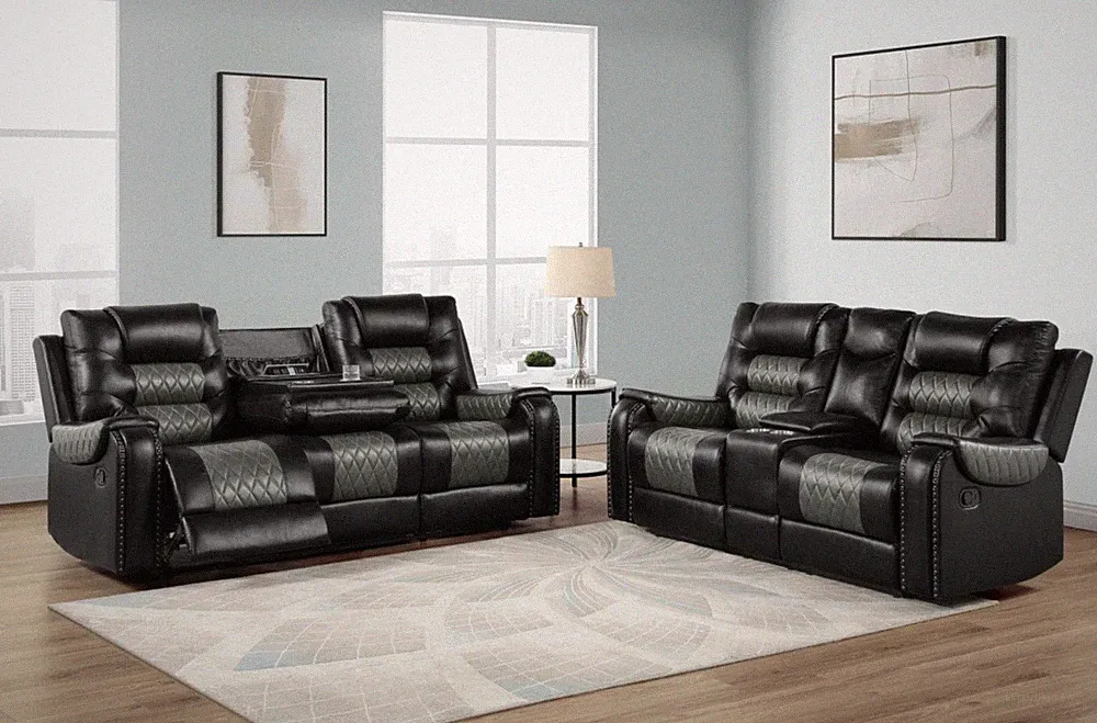 NEW Two-Tone 2PC Leather Gel Black Sofa Loveseat 4-Recliner Rustic Living Room