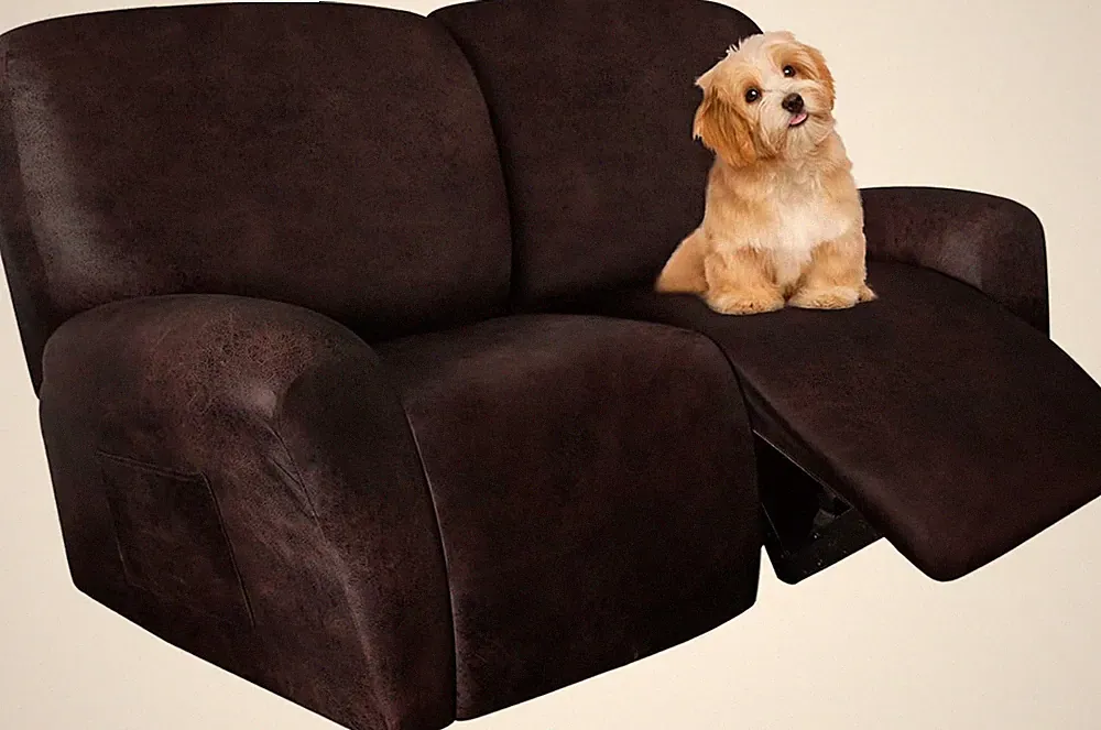 Oversized Loveseat Recliner Slipcover - 6-Piece Stretch Leather Protector (Choco
