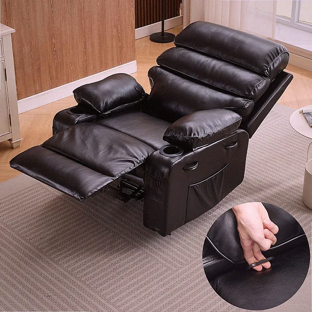 PU Leather Manual Recliner w Massage&Heat,Extra Wide Black Lazy Chair for Adults