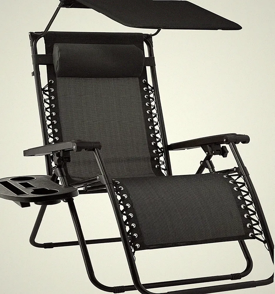 Zero Gravity Folding Patio Lounge Chair with Canopy & Accessory Tray - Black